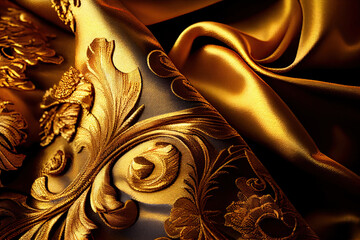 Wall Mural - Luxurious gold brocade and silk fabric with floral patterns, textile background. Generative AI