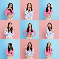 Poster - Collage of diverse emotions of young korean girl in casual clothes posing against colorful studio background. Variety of emotions. Concept of emotions, facial expression, fashion, youth, lifestyle. Ad