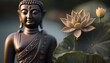  a statue of a buddha with a lotus flower in front of it and a leaf in the foreground of the image, with a blurry background. generative ai