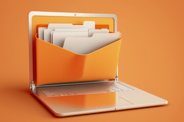 Wall Mural - File folder on laptop screen, cloud storage concept, orange background. Generative AI