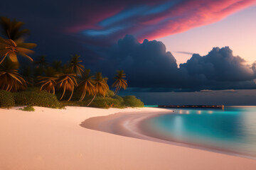Maldives. View of the picturesque beach at evening, the surf, beautiful clouds at sunset. Travel concept of ecological environment. Generative AI