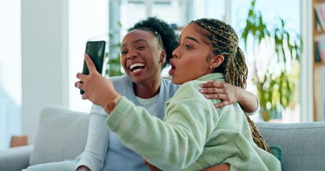 Poster - Selfie, friends and black women with phone with funny, comic and happy expression for social media post. Emoji, influencer and girls smile with smartphone for memory, profile picture and vlog on sofa