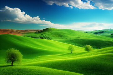 Wall Mural - spring landscape with rolling green hills and light blue sky. generative ai