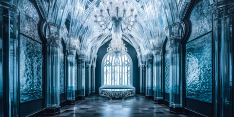 Wall Mural - Crystal glass hallway interior design, palace, chandeliers, pillars, window, dark. Generative AI