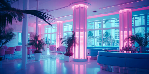 Art Deco interior architecture design, pink and blue, neon colored lights, tropical, Florida. Generative AI