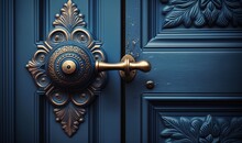  A Close Up Of A Blue Door With A Gold Handle And A Decorative Design On The Front Of The Door And Side Of The Door.  Generative Ai