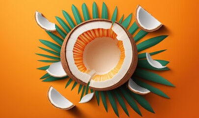 Wall Mural -  a cut in half coconut on an orange background with leaves and a cut in half coconut on top of the whole coconut on the bottom of the image.  generative ai