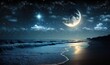  a night scene with a beach and the moon and stars in the sky above the water and the ocean waves on the shore of the beach.  generative ai