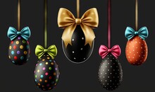  A Row Of Decorated Easter Eggs Hanging From A Line With A Bow On Top Of One Of The Eggs Is Decorated With Polka Dots And A Gold Ribbon.  Generative Ai