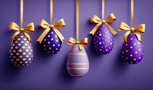  A Row Of Decorated Easter Eggs Hanging From A Line Of Gold Ribbons On A Purple Wall With Polka Dots And A Bow On The Top.  Generative Ai