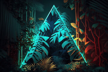 Wall Mural - Creative fluorescent, neon color layout made of tropical leaves. nature concept. ai generative