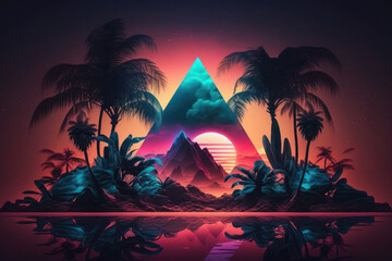 Wall Mural - Creative fluorescent, neon color triangle. layout made of tropical leaves. nature concept. ai generative