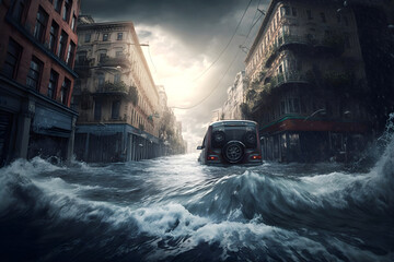 Climate change concept. Flood illustration. Flooded street in a city. Generative AI