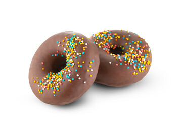 Two chocolate donuts decorated with sprinkles isolated on transparent background, PNG. Bakery, doughnut, treat, sweet food