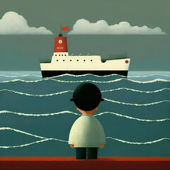 little boy dreams of becoming a sailor by looking at a ship in the distance in the middle of the sea - generative ai