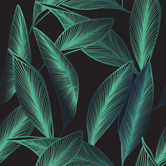 Wall Mural - Luxury botanical seamless pattern with banana leaves. Linear branches on black background. Shiny banana leaf with veins