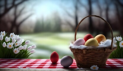 Wall Mural - Wallpaper Illustration and background of easter eggs, in basket, in a beautiful garden. Front View with copy space for text information or content. Happy Easter, festive greeting card. Generative AI.