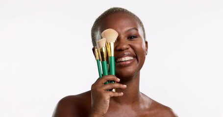 Poster - Beauty, makeup and smile with black woman and brush for foundation, blush and self care. Product, cosmetics and natural with portrait of girl model isolated on white background for treatment and glow