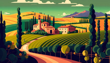 Italy Tuscan Vineyards Summer Landscape For Design Banner Ticket, Card, Poster. Generative AI