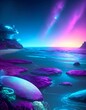 beautiful fantastic alien planet neon sky clouds  seashore background new quality universal joyful colorful universe space  stock image illustration wallpaper design, Generative AI