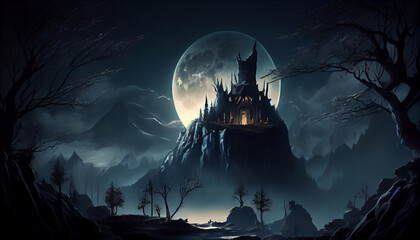 Castle dark moon forest mountain fantasy traditional Ai generated image