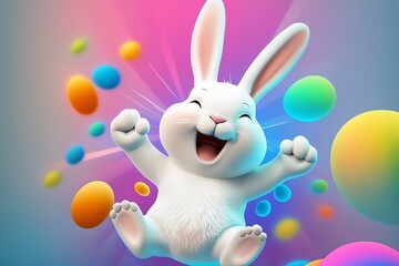 Wall Mural - Happy jumping cartoon Easter bunny with colorful flying Easter eggs. Generative AI