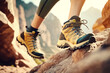 Female hiker legs with modern trekking and climbing boots on a rock in mountains. AI generative