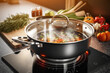 A lid of a bubbling pot with broth boiling beneath, on a modern induction stove in a cozy kitchen. AI generative