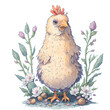 Ilustracja wielkanocnej kury z kwiatami, rysunek akwarelą, SI