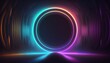 Glowing neon ring light in tunnel. 3d render. Futuristic abstract wallpaper