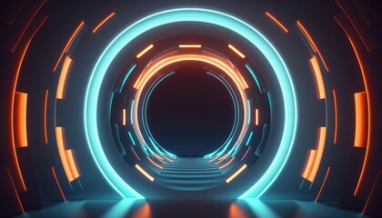 Glowing neon ring light in tunnel. 3d render. Futuristic abstract wallpaper