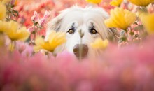  A White Dog With Brown Eyes Is In A Field Of Flowers With Yellow And Pink Flowers In The Foreground And A Pink And Yellow Background.  Generative Ai
