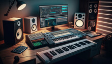 Home Music Studio With Wooden Desk And Monitor Speakers, Midi Keyboards And Interfaces, Created With Generative Ai Tools
