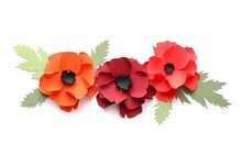 Paper Poppy Flowers With Leaves On White Background