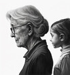 Profile of an elderly woman and a little girl look in the same direction. The concept of the rapid flow of life, growing up and aging, generational change, ai generative