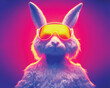 Cool young DJ rabbit or Bunny sunglasses in colorful neon light enjoys the music