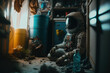 Sad astronaut sits in a dirty house with hopelessness