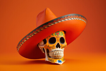 Skull wearing a mexican sombrero. Mexico traditional celebration. Generative ai