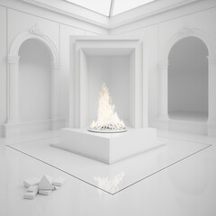 Wall Mural - Luxurious fireplace with a flame of expensive white marble on the museum 