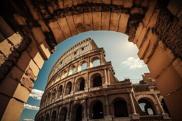 Wall Mural - A close-up, low-angle image of the Colosseum in Rome. Generative AI