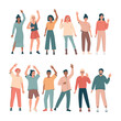 © Nadya Ustuzhantceva - Many diverse friendly young men and women standing with hands raised in greeting gesture. Welcome collection. Different nations people waving hand and saying hi. Flat isolated vector illustration