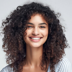 Canvas Print - Portrait of a young beautiful smiling woman with curly hair . generative AI