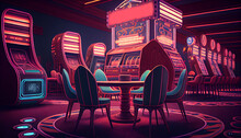 Retro Casino Interior With Slot Machines. Generative Ai