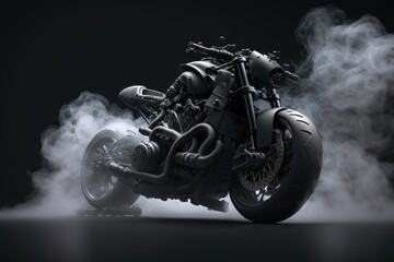 Motorcycle detail on a dark background with smoke, side view. AI generation