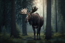 A Moose Walks Through The Forest. Ai Generated.
