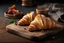 Fresh Croissants On A Wooden Board. AI Generation