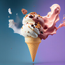 An Ice Cream Cone With Chocolate, Nuts And Sprinngs On It's Sides In Front Of A Blue Background