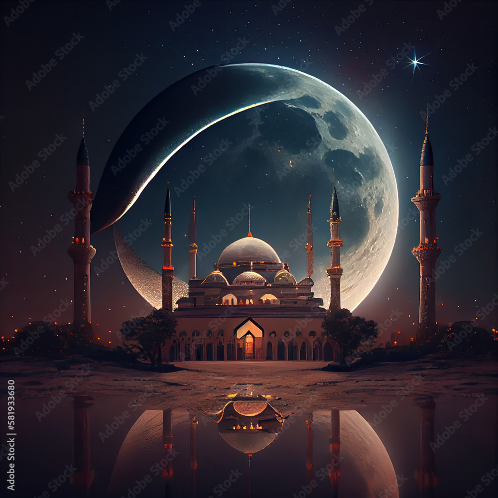 an islamic mosque at night with the moon in the sky and water ...