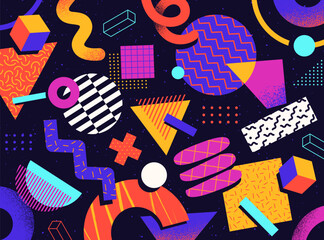 Abstract background. Colorful poster with different geometric shapes in 90s style. Bright banner with textural elements. Design for print or pattern. Cartoon flat vector illustration in doodle style