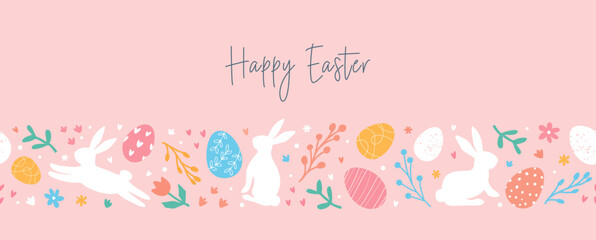 Wall Mural - Happy Easter. Lovely Easter horizontal banner with pattern by eggs, doodles, bunnies, flowers. Easter festive border. Suitable for textiles, greeting cards, wallpaper, wrapping paper.